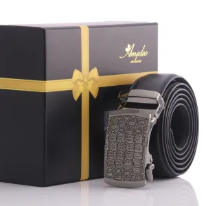 Men's Smart Ratchet No Holes Automatic Buckle Belt in Shiny Silver Rock Color
