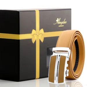 Men's Smart Ratchet No Holes Automatic Buckle Belt in Tan & Silver Color