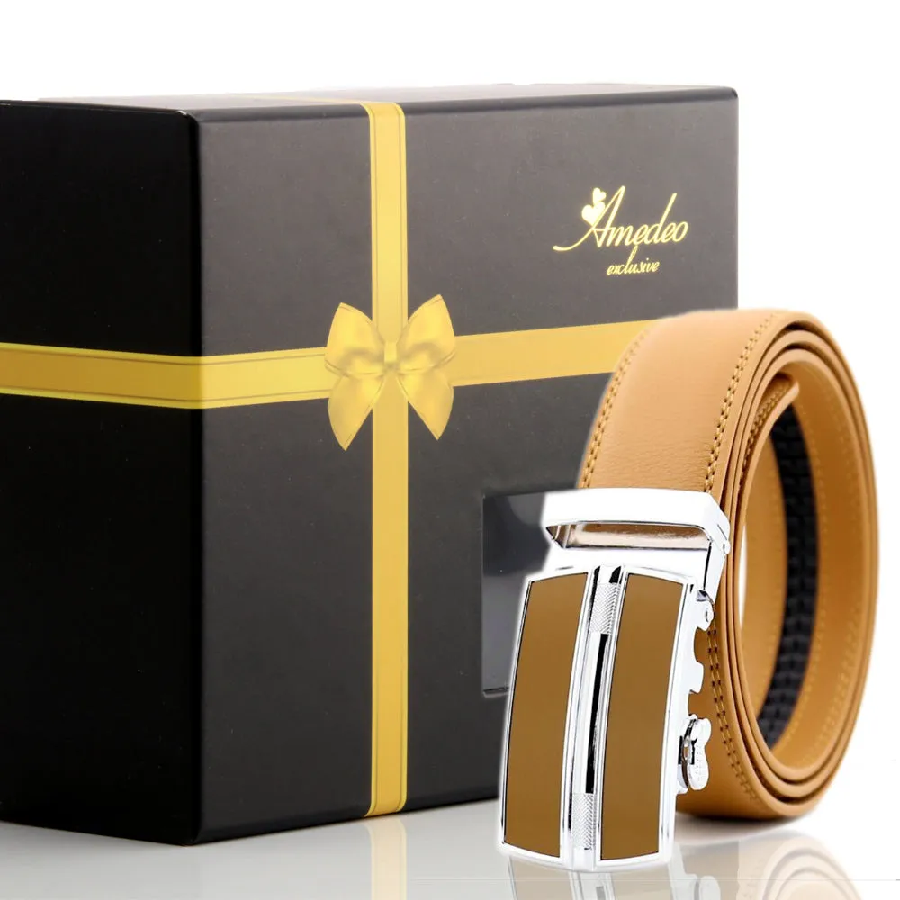 Men's Smart Ratchet No Holes Automatic Buckle Belt in Tan & Silver Color