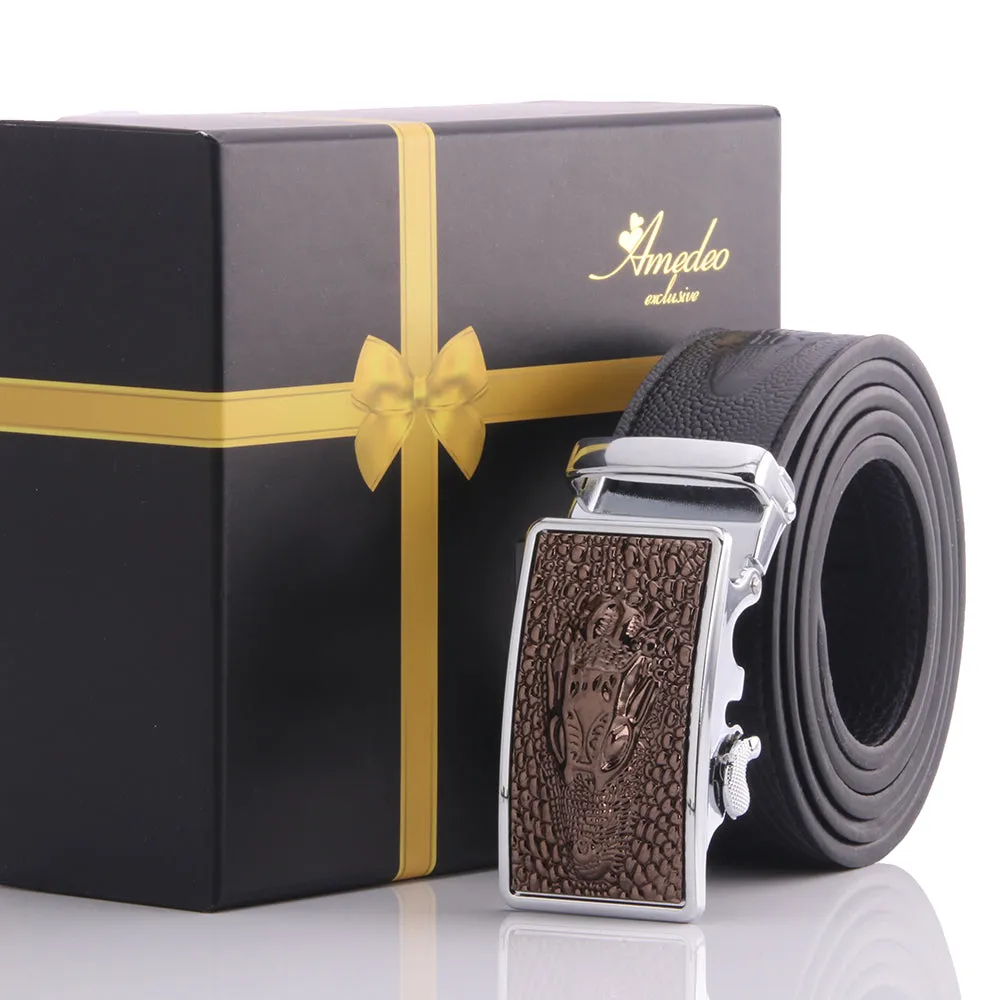 Men's Stainless Steel Black Belt - Brown Dragon Buckle Belt