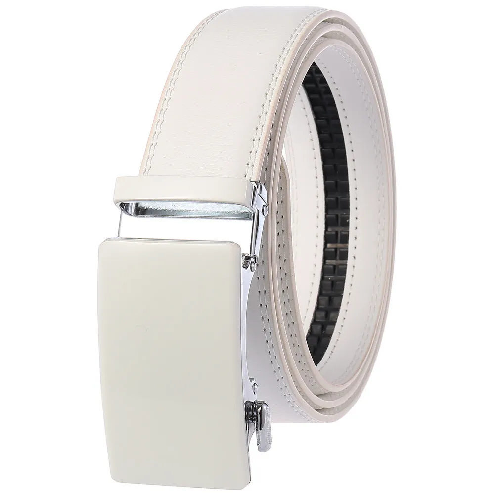 Men's White Belt Grey Buckle Mens Adjustable Ratchet Slide Buckle Belt - Genuine Leather Automatic