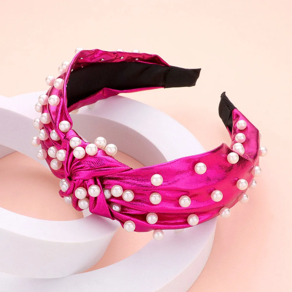 Metallic Fabric Knot and Faux Pearl Headband