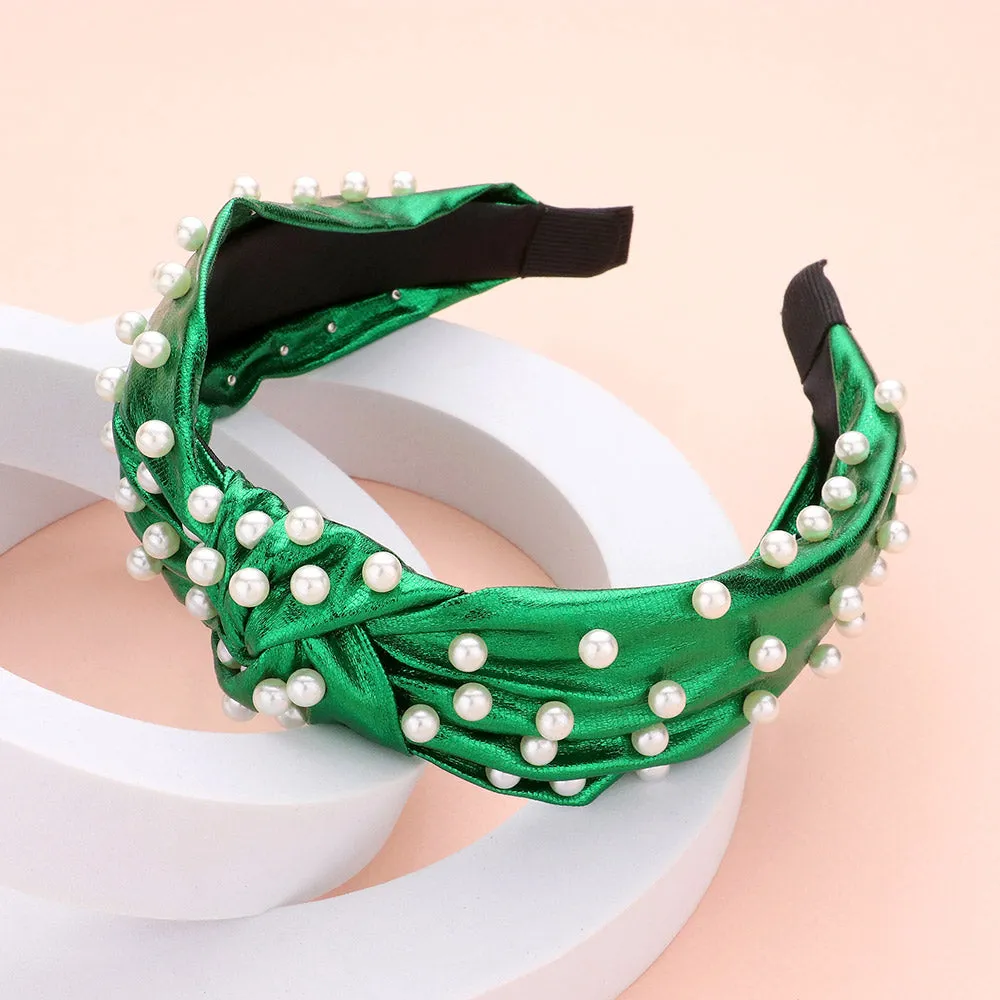 Metallic Fabric Knot and Faux Pearl Headband