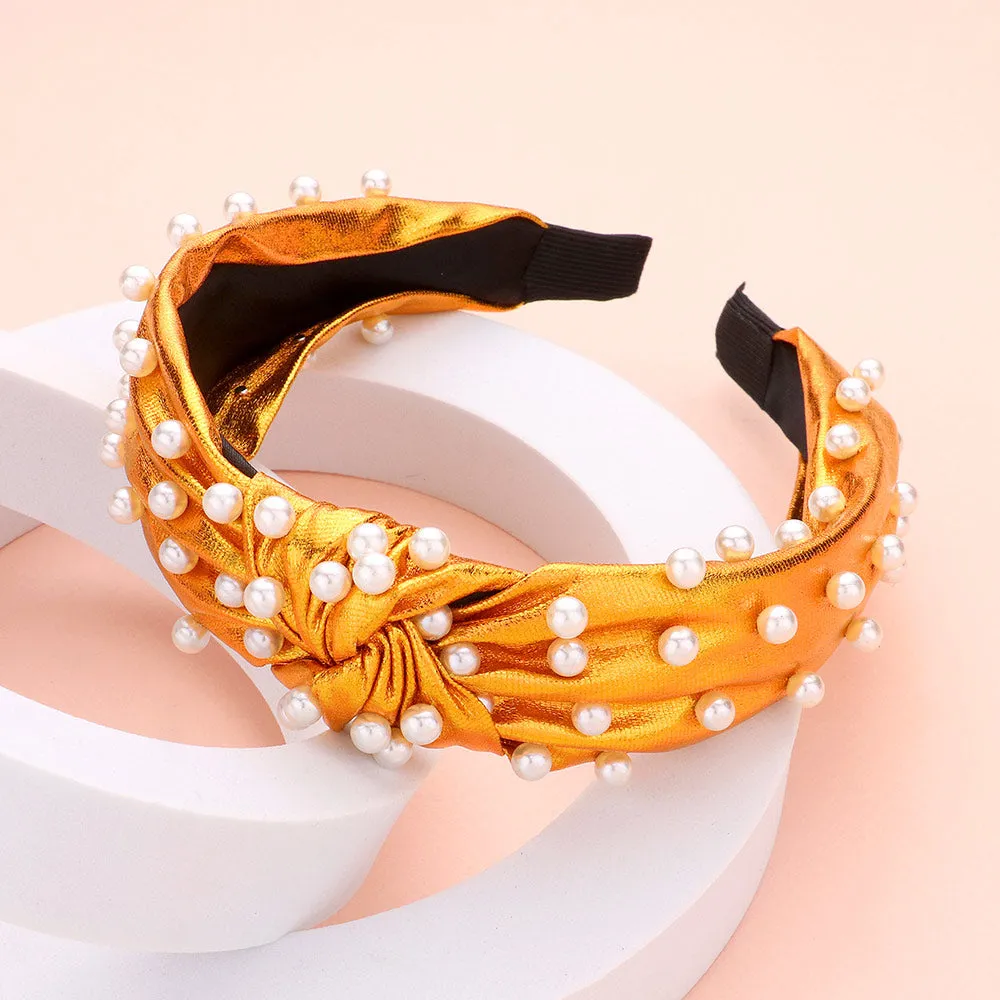Metallic Fabric Knot and Faux Pearl Headband