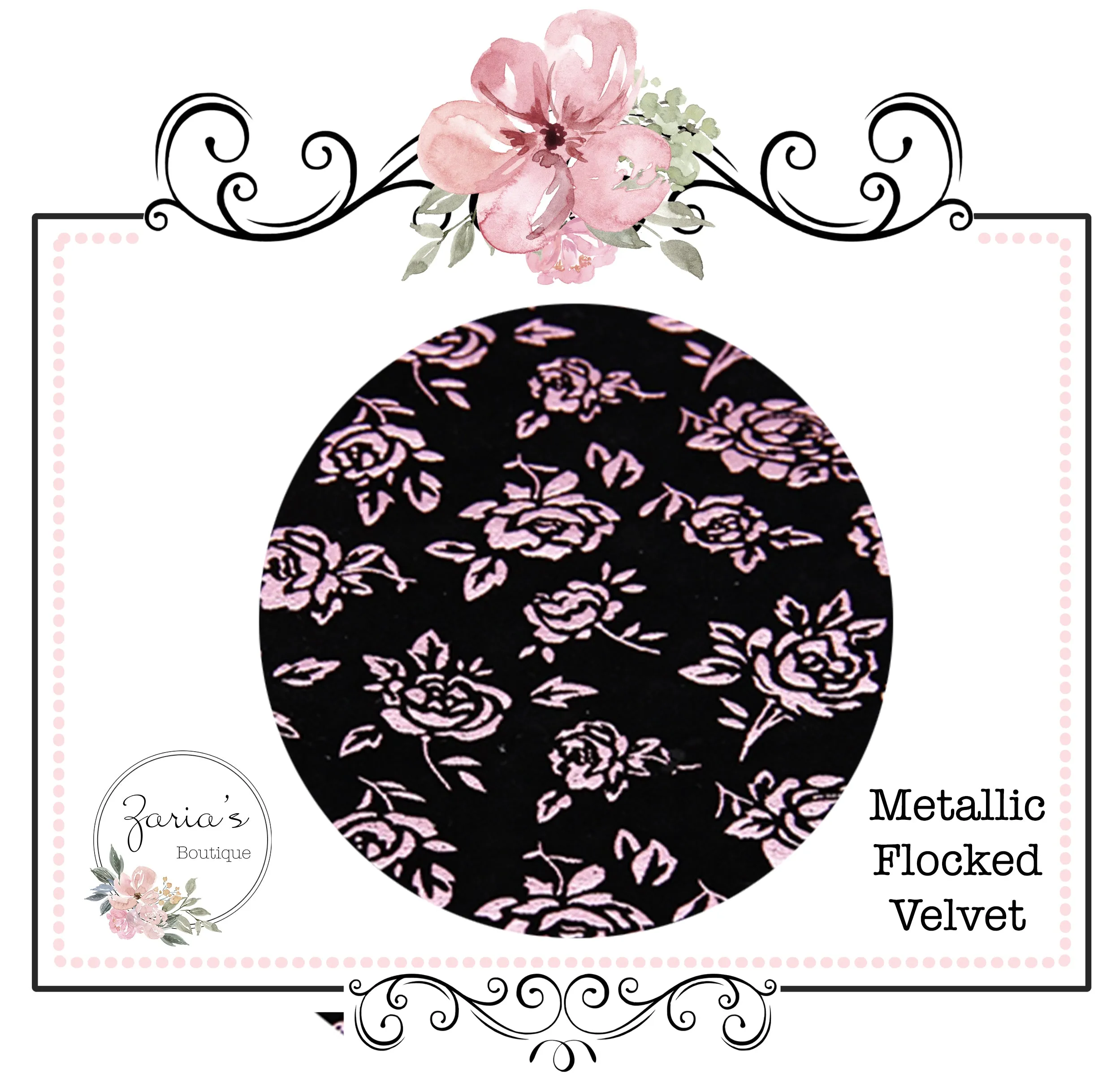 Metallic Pink Rose on Black Flocked Velvet