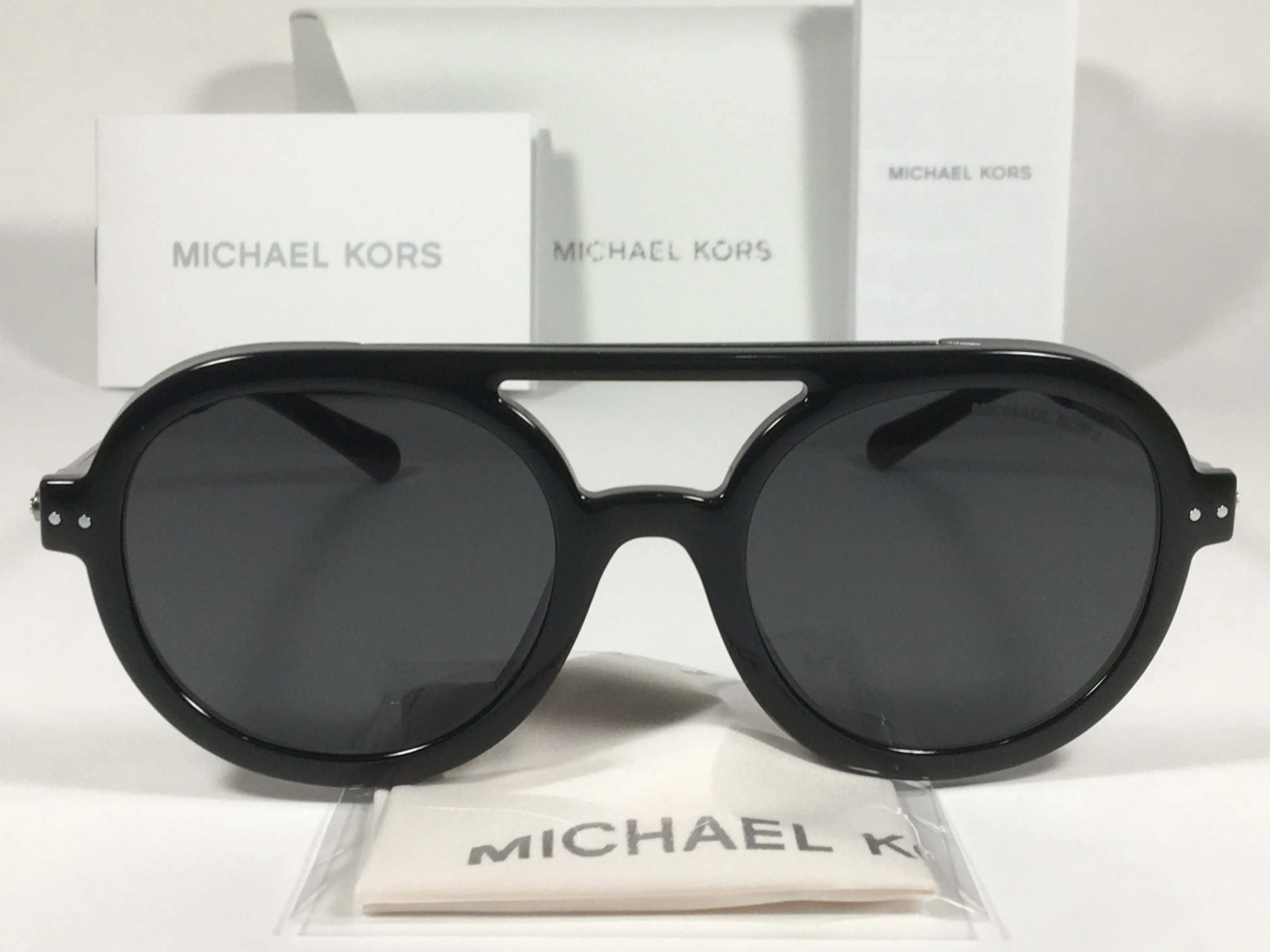 Michael Kors Vail Round Aviator Sunglasses Shiny Black Frame Gray Lens MK-1042U