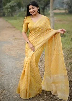 Mustard Spun Silk Saree With Blouse Piece