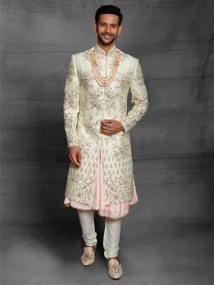 Peach Pink Sherwani  With Silver Floral Thread Work