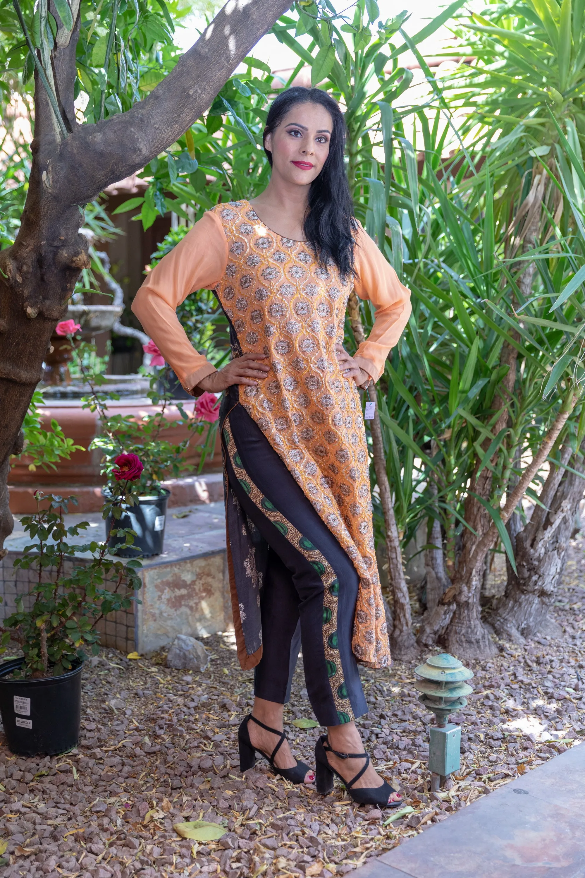 Peach Silk & Chiffon Suit Salwar Kameez