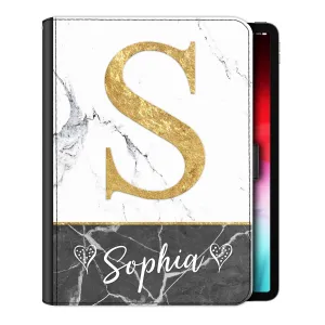 Personalised iPad Case with Gold Initial and Heart Stylised Name on Dual Marble