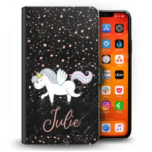 Personalised Oppo Phone Leather Wallet with Winged Unicorn and Pink Text on Black Marble