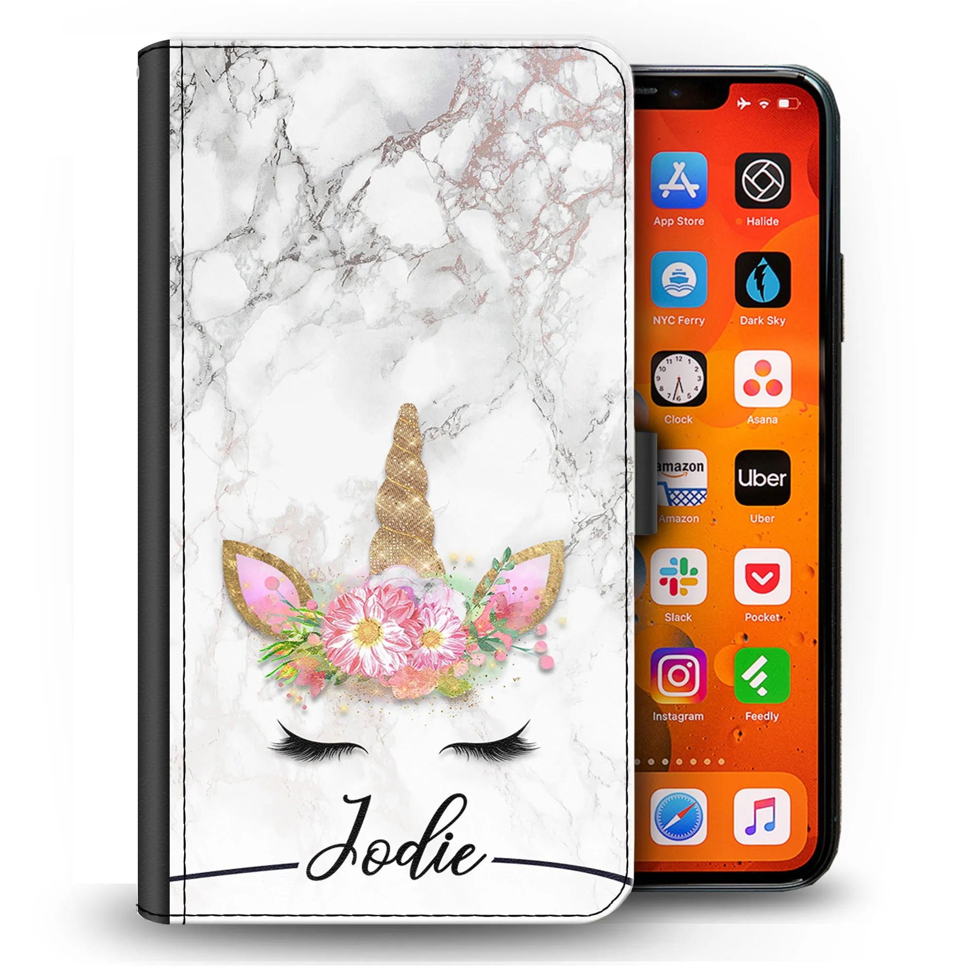 Personalised Sony Phone Leather Wallet with Gold Floral Unicorn and Text on Grey Marble