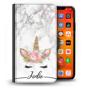Personalised Sony Phone Leather Wallet with Gold Floral Unicorn and Text on Grey Marble