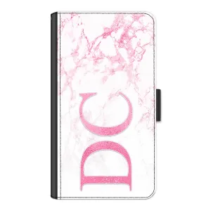 Personalised Sony Phone Leather Wallet with Pink Initials on Pink Marble