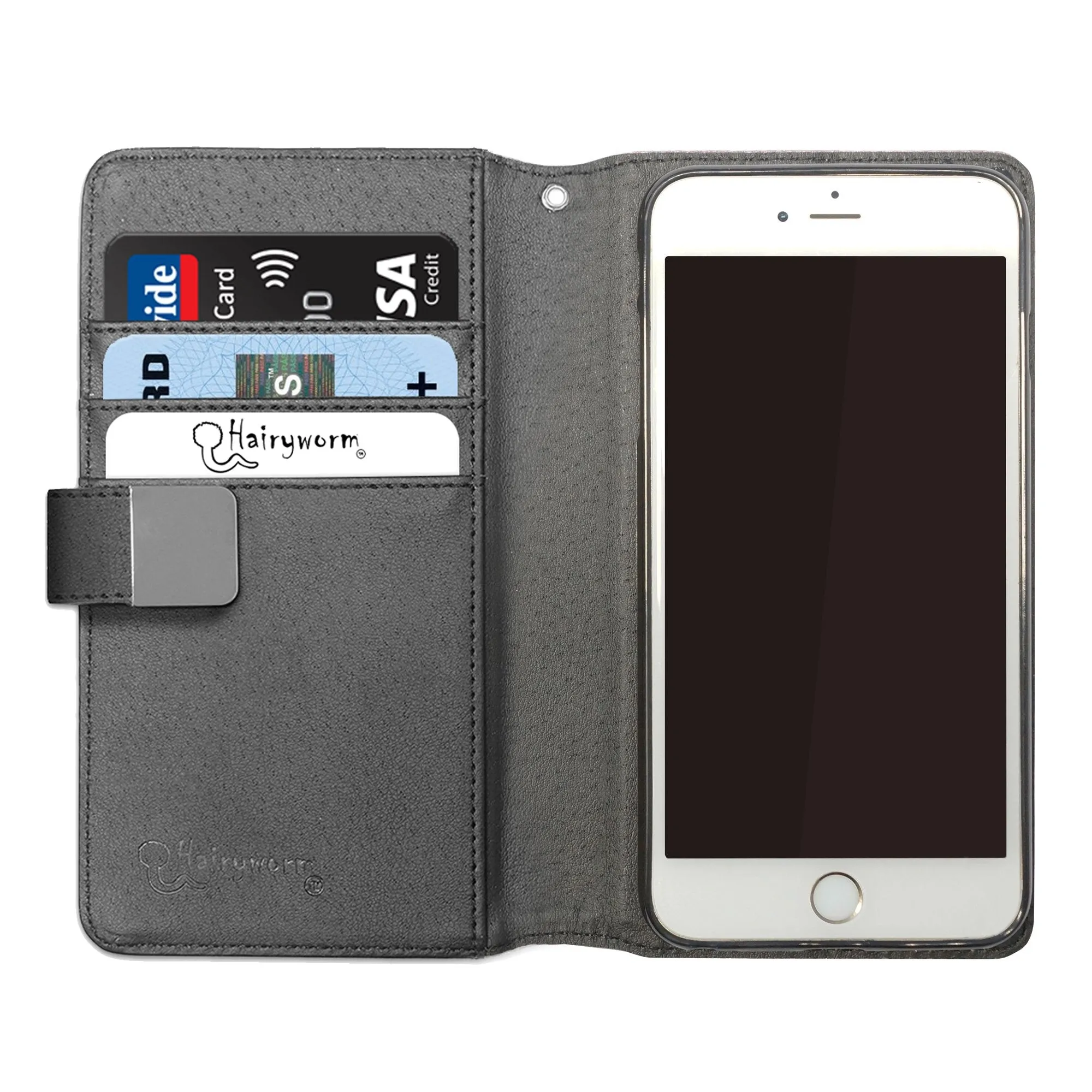 Personalised Sony Phone Leather Wallet with Pink Initials, Pin Stripes and Droplets on Black