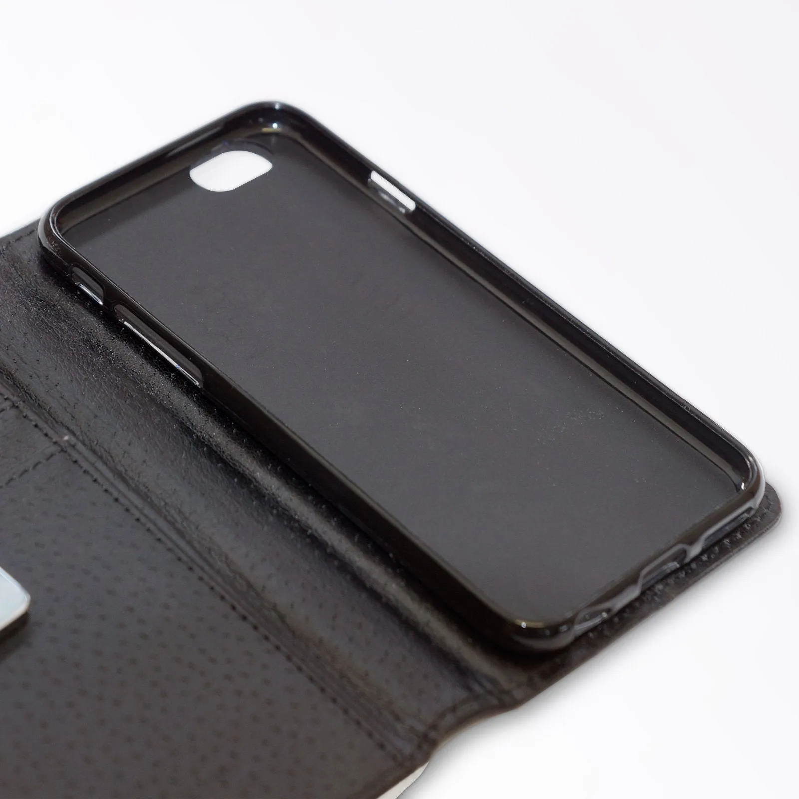 Personalised Sony Phone Leather Wallet with Pink Initials, Pin Stripes and Droplets on Black