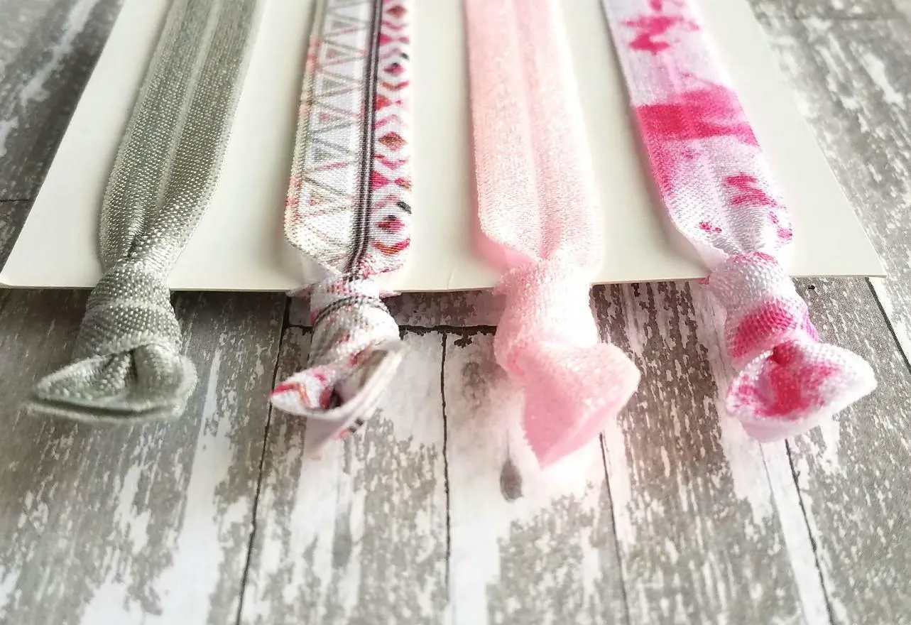 Pink Aztec Hair Band Set - tribal knot elastic tie gray ponytail holder accessory - women girls sparkle tie dye print glitter bow gift