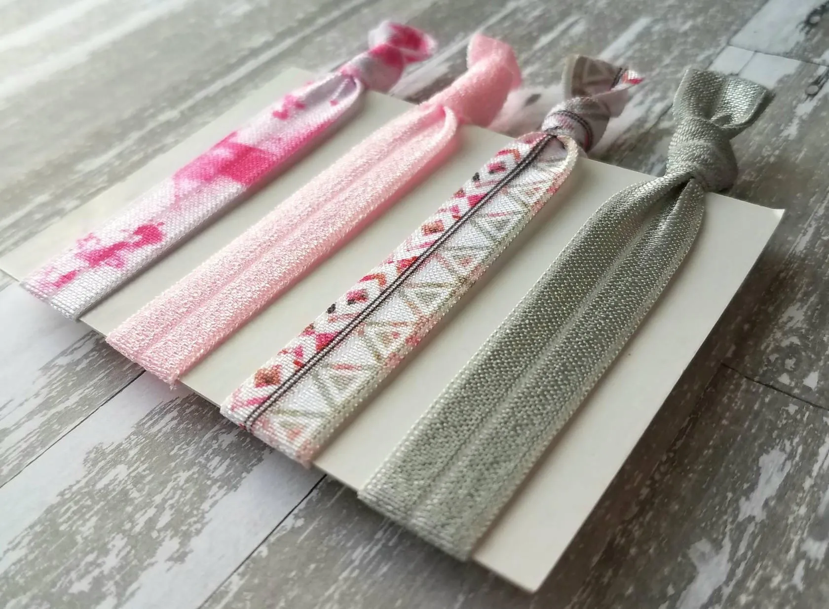 Pink Aztec Hair Band Set - tribal knot elastic tie gray ponytail holder accessory - women girls sparkle tie dye print glitter bow gift