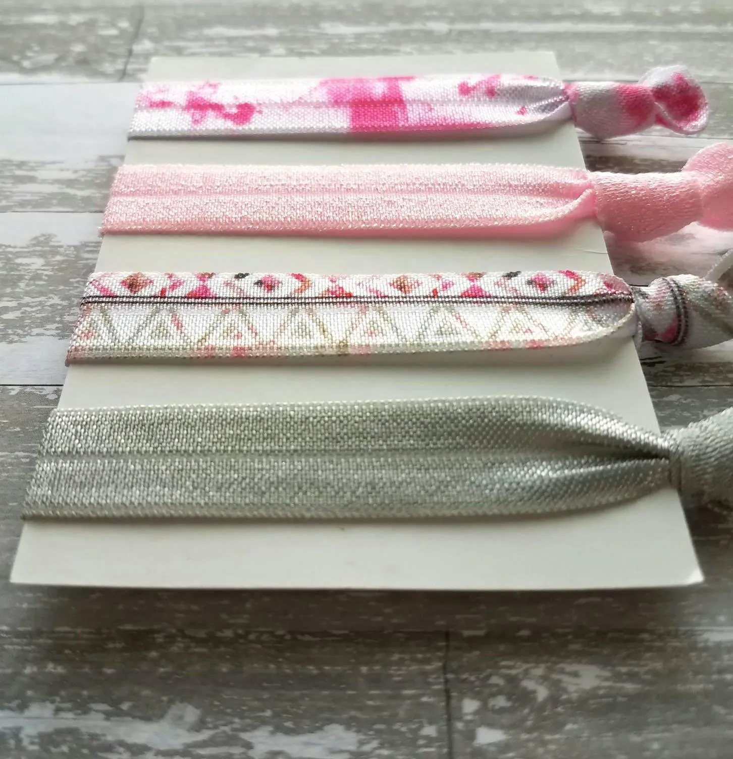 Pink Aztec Hair Band Set - tribal knot elastic tie gray ponytail holder accessory - women girls sparkle tie dye print glitter bow gift