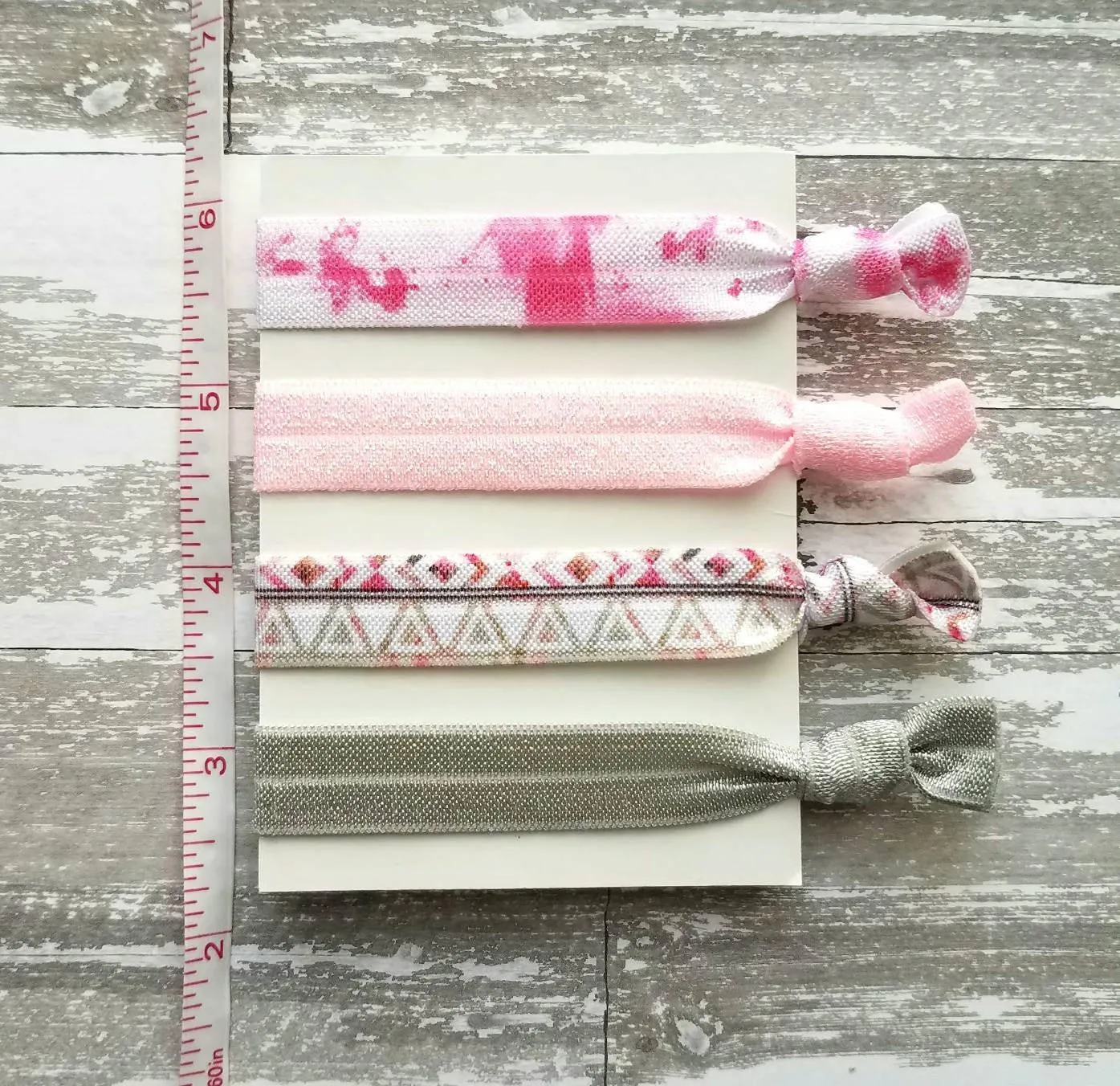Pink Aztec Hair Band Set - tribal knot elastic tie gray ponytail holder accessory - women girls sparkle tie dye print glitter bow gift