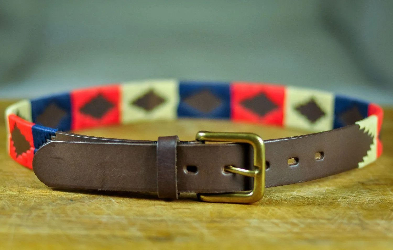 Pioneros Argentinian Gaucho Polo Leather Belt Brown in Navy Cream and Red