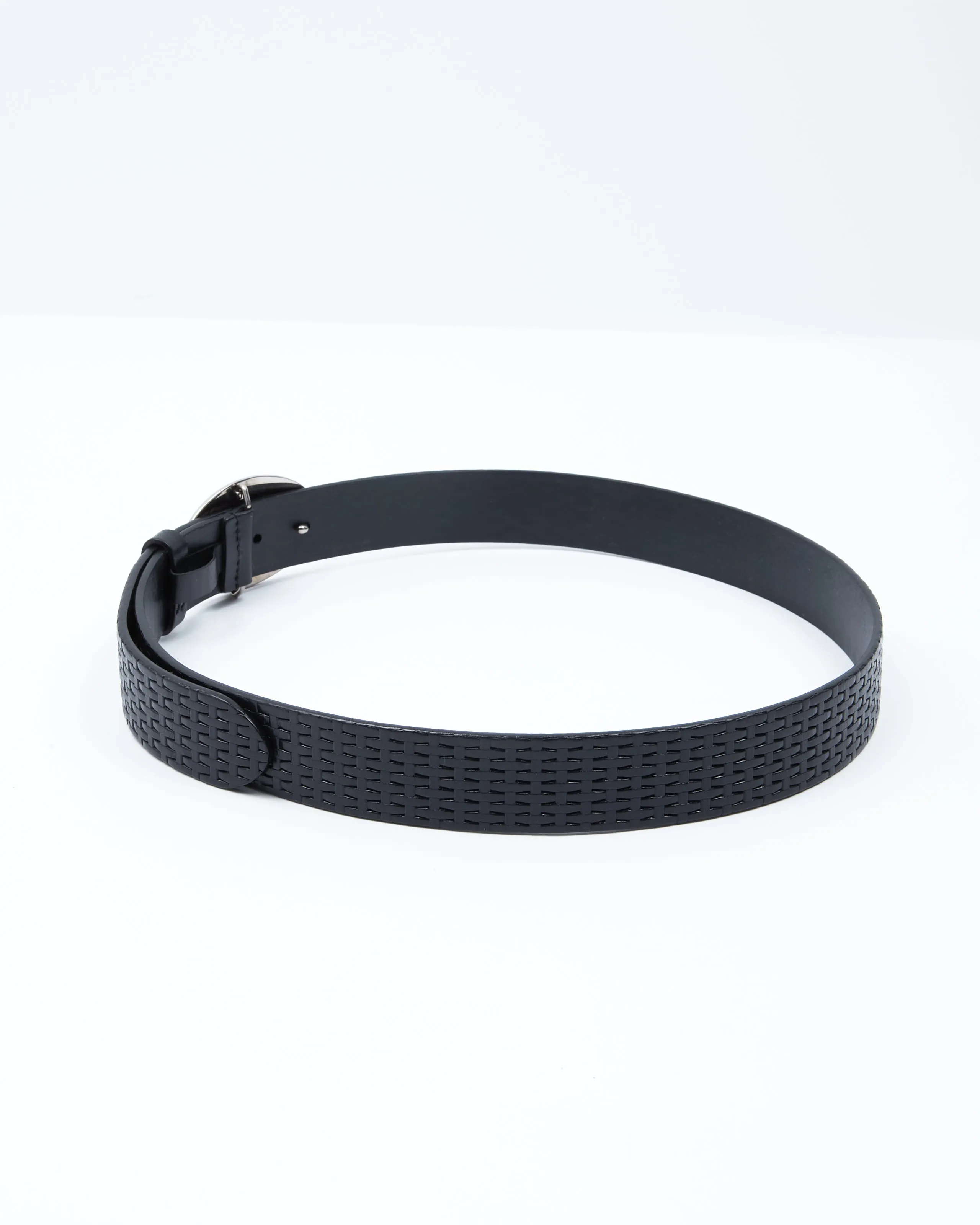 Prada Silver Oval Buckle Logo Black Leather Belt - 36/90