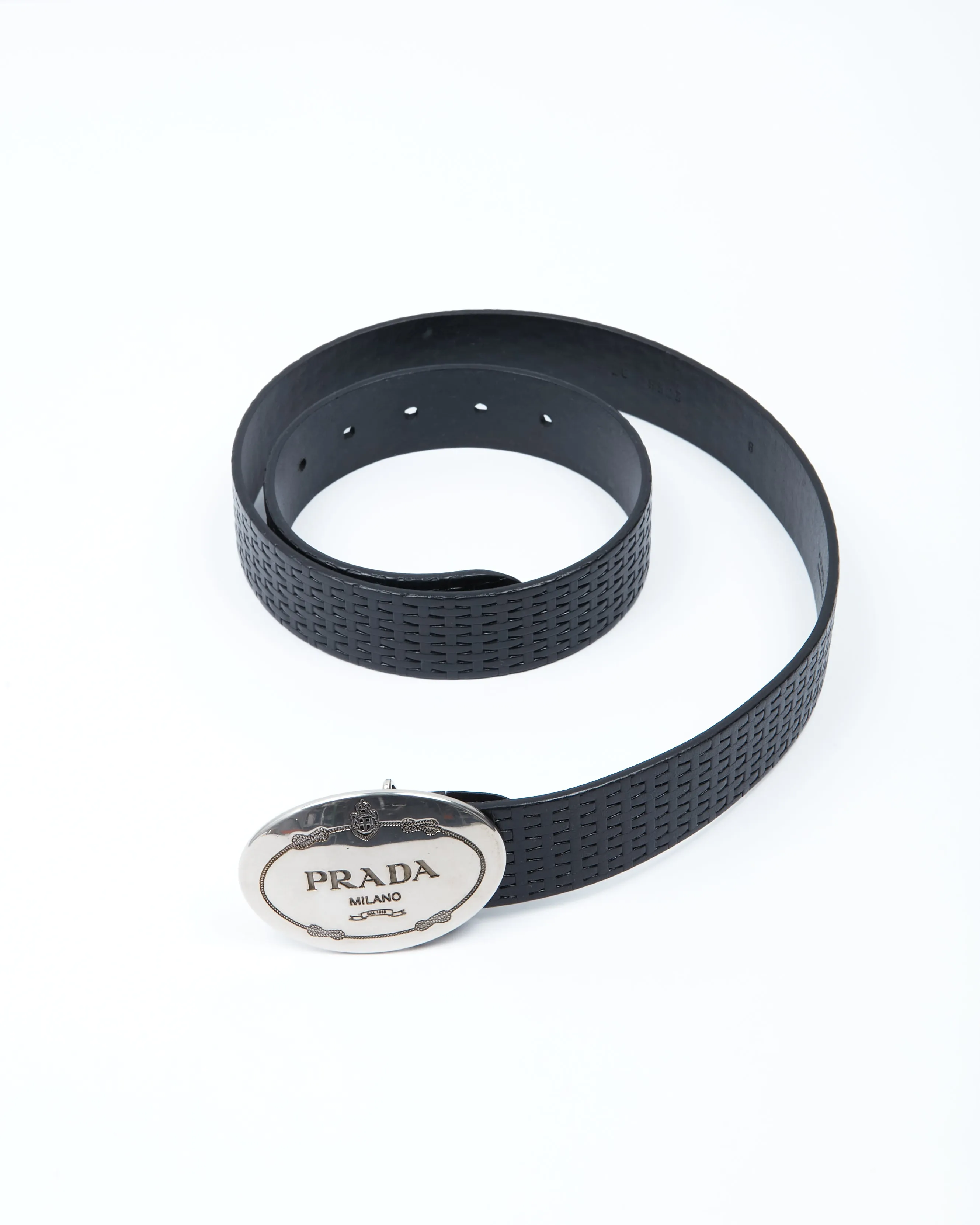 Prada Silver Oval Buckle Logo Black Leather Belt - 36/90