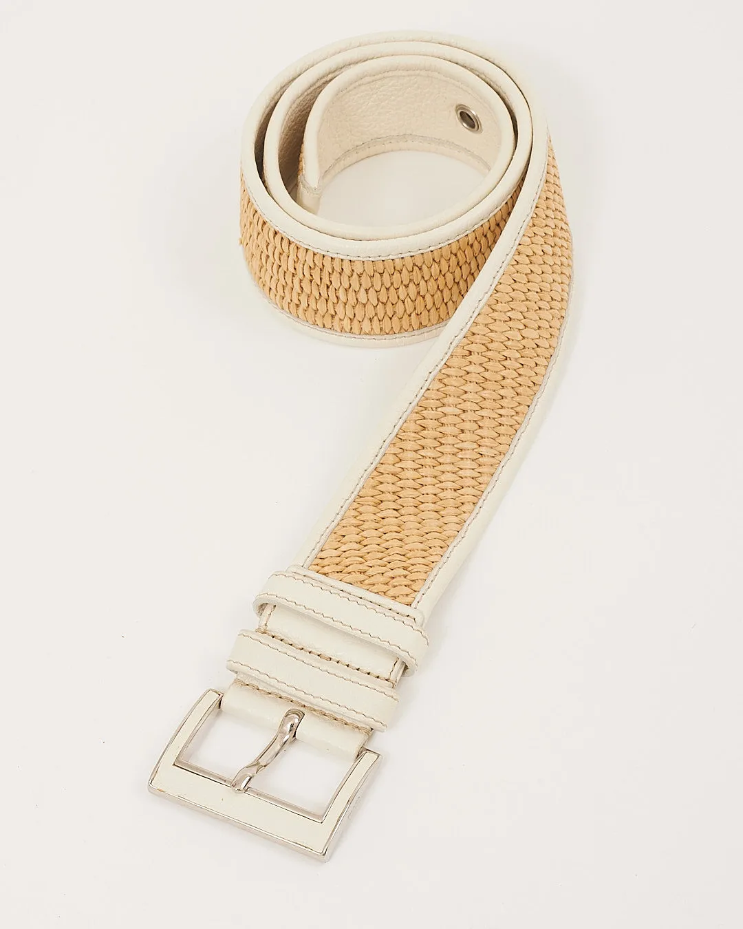 Prada White Leather & Beige Raffia Belt - 80/32