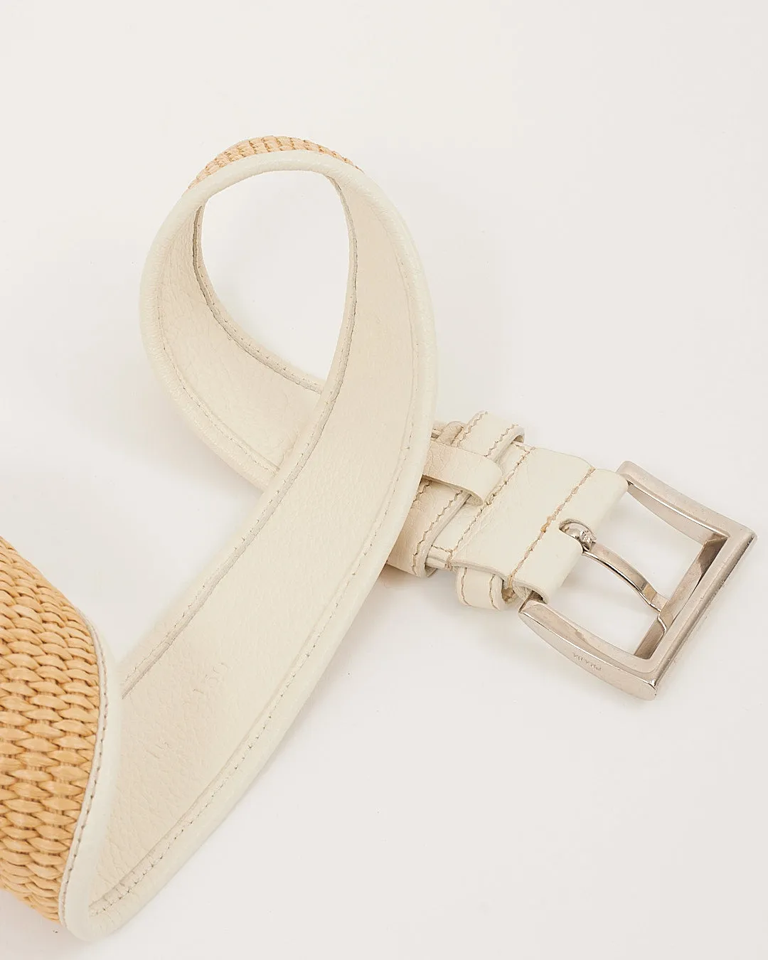 Prada White Leather & Beige Raffia Belt - 80/32