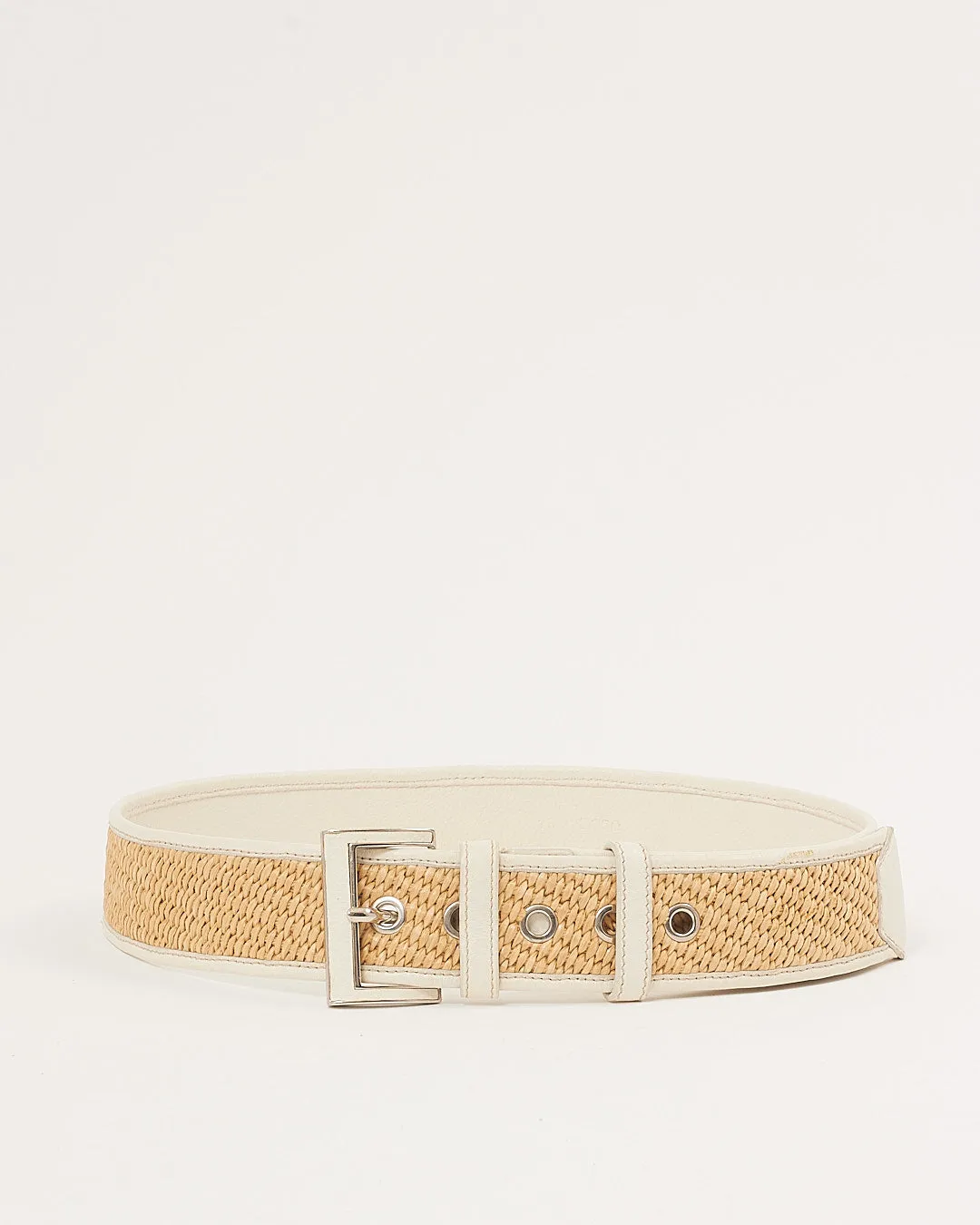 Prada White Leather & Beige Raffia Belt - 80/32