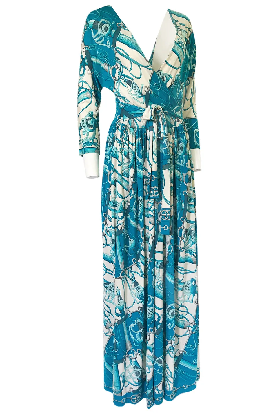Rare 1972 Hermes 'Cliquetis' by Julia Abadi Printed Turquoise Silk Jersey Dress