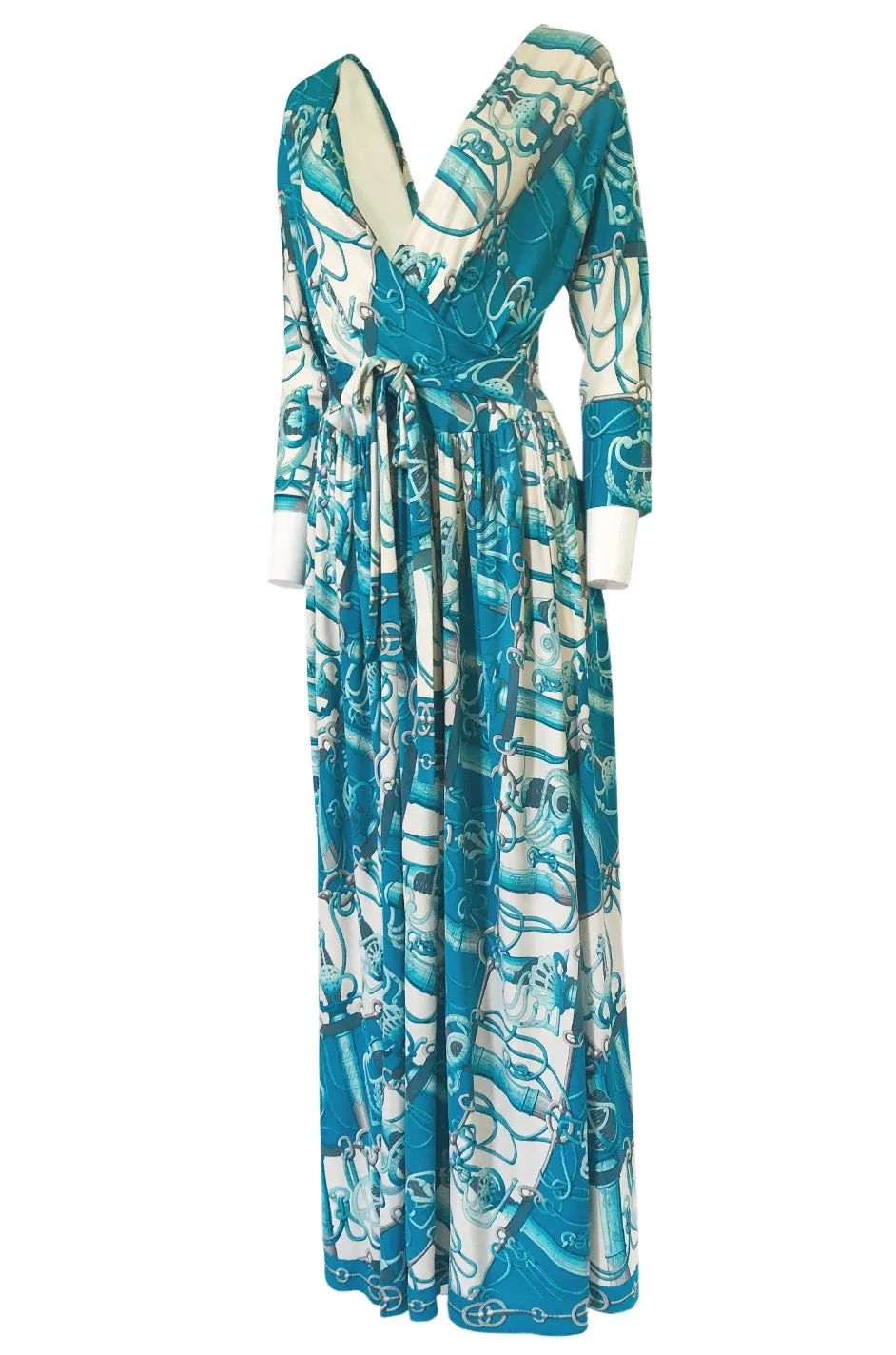 Rare 1972 Hermes 'Cliquetis' by Julia Abadi Printed Turquoise Silk Jersey Dress
