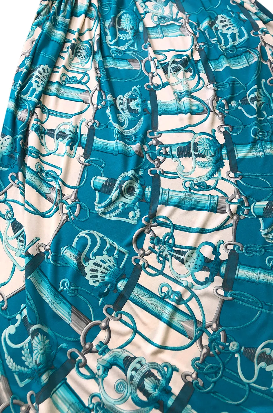 Rare 1972 Hermes 'Cliquetis' by Julia Abadi Printed Turquoise Silk Jersey Dress