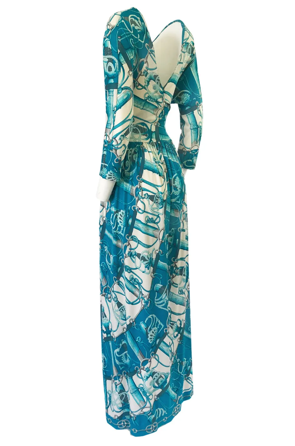 Rare 1972 Hermes 'Cliquetis' by Julia Abadi Printed Turquoise Silk Jersey Dress