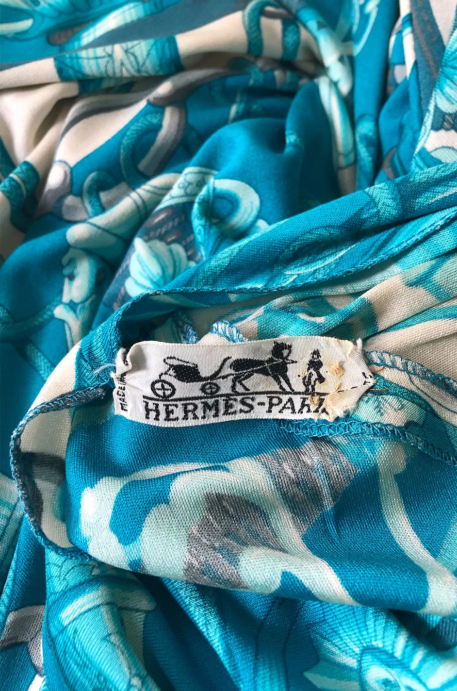 Rare 1972 Hermes 'Cliquetis' by Julia Abadi Printed Turquoise Silk Jersey Dress