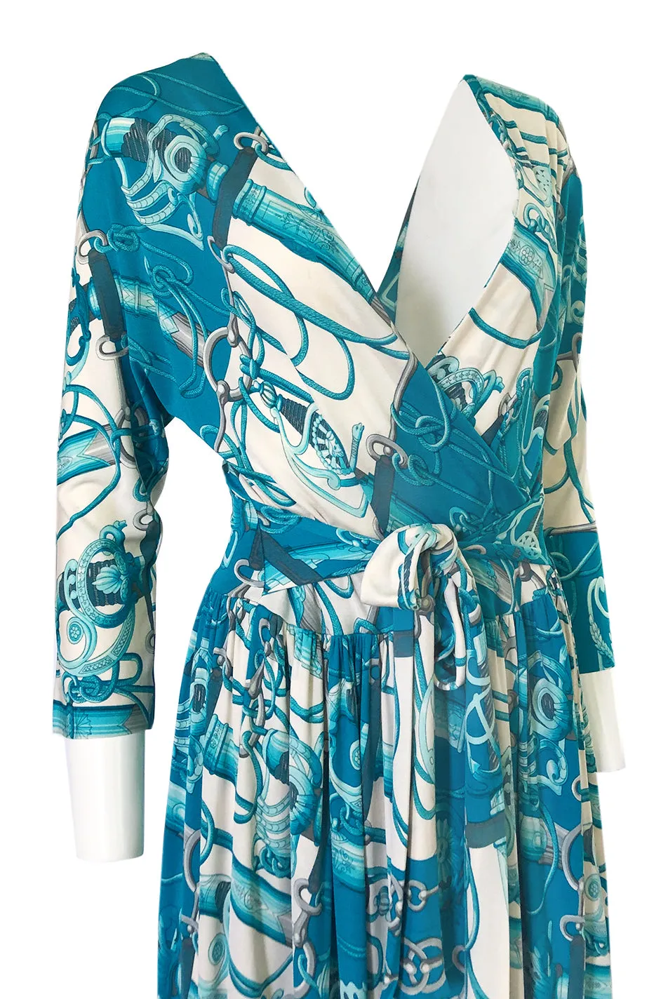 Rare 1972 Hermes 'Cliquetis' by Julia Abadi Printed Turquoise Silk Jersey Dress