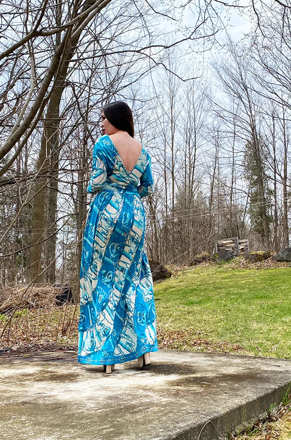 Rare 1972 Hermes 'Cliquetis' by Julia Abadi Printed Turquoise Silk Jersey Dress