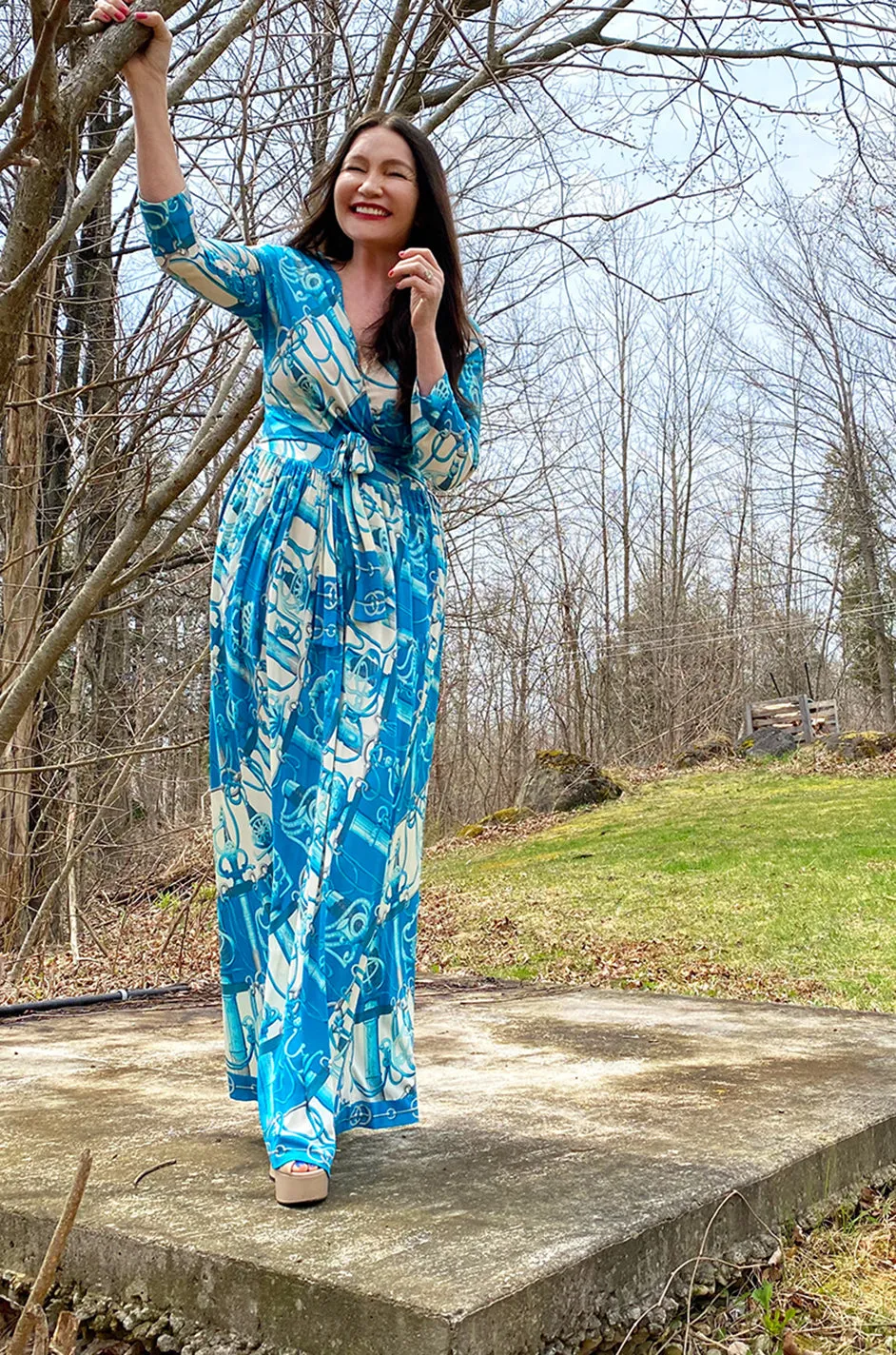 Rare 1972 Hermes 'Cliquetis' by Julia Abadi Printed Turquoise Silk Jersey Dress