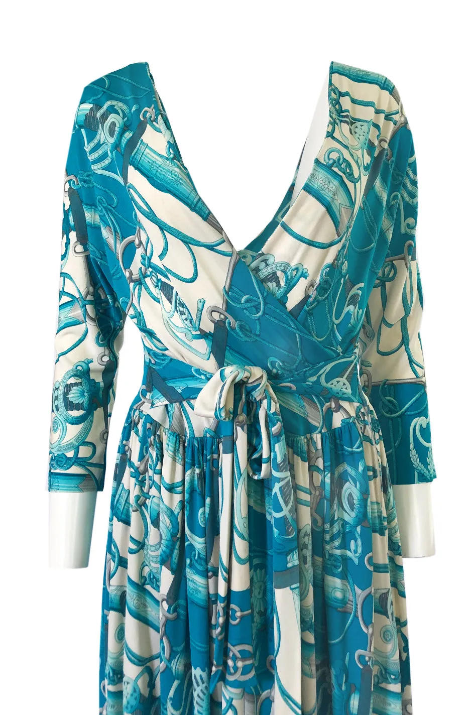 Rare 1972 Hermes 'Cliquetis' by Julia Abadi Printed Turquoise Silk Jersey Dress