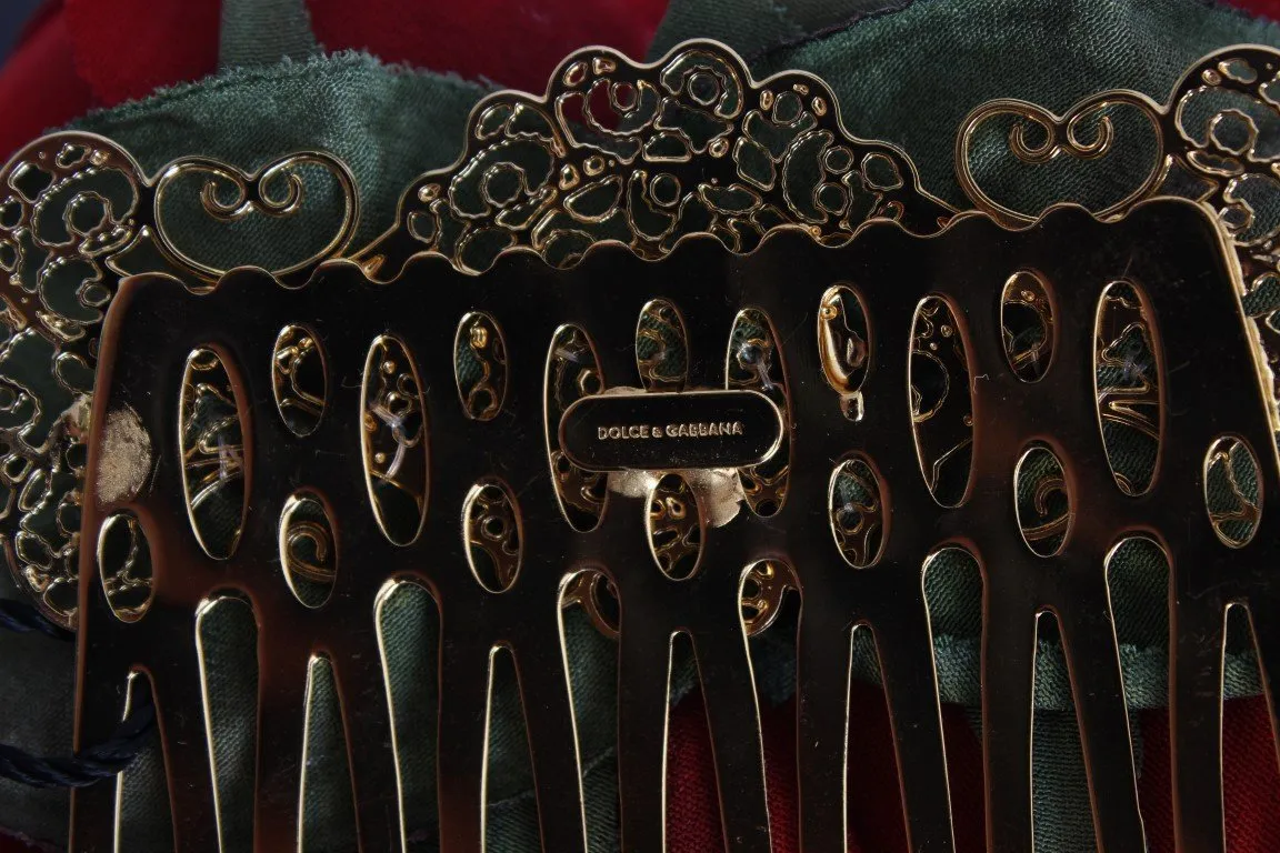 Red Silk Rose Garofani Gold Hair Comb