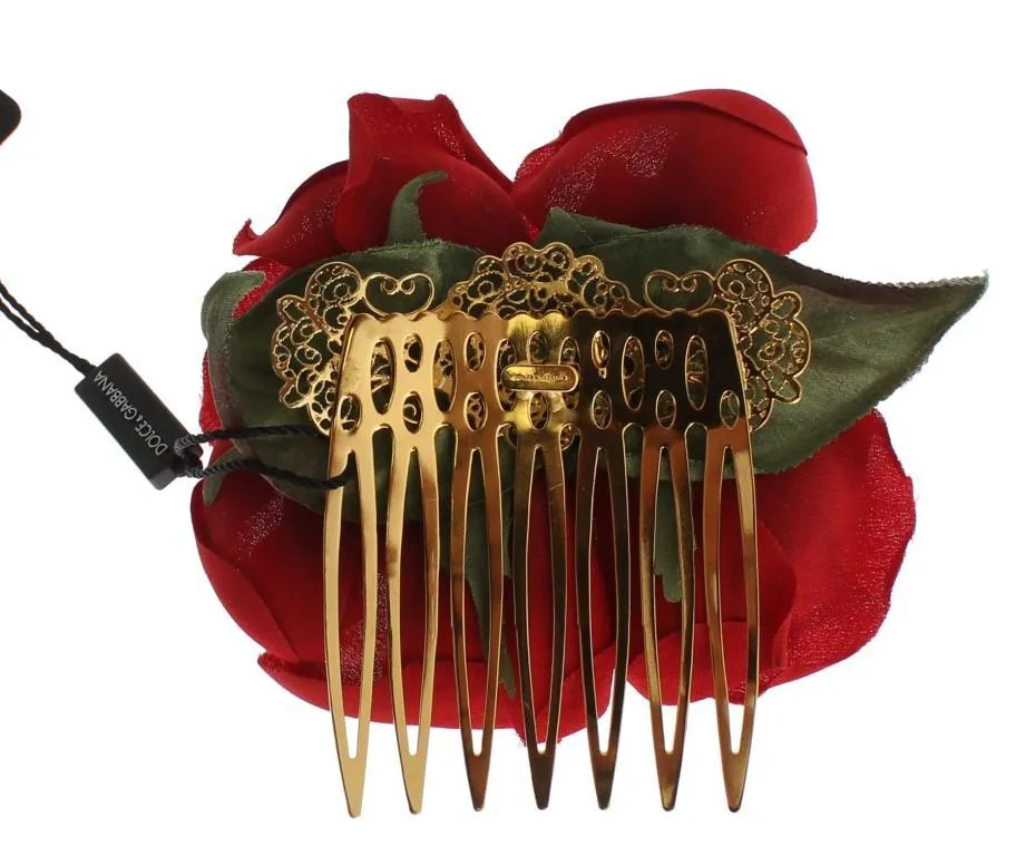 Red Silk Rose Garofani Gold Hair Comb