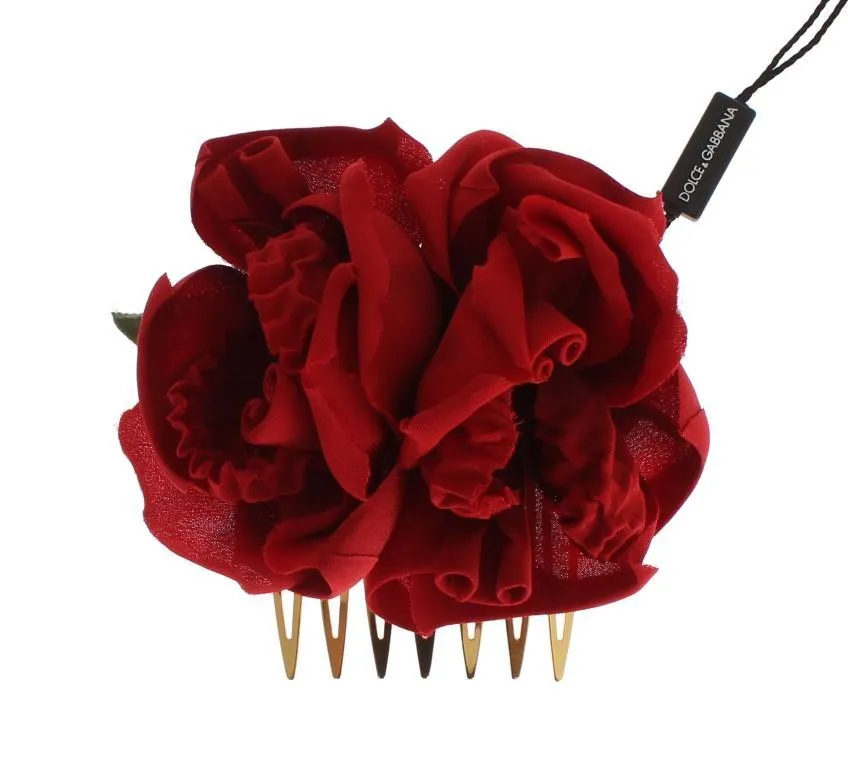 Red Silk Rose Garofani Gold Hair Comb