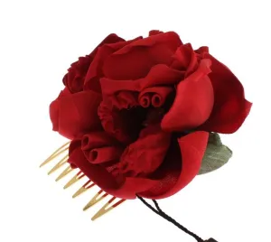 Red Silk Rose Garofani Gold Hair Comb