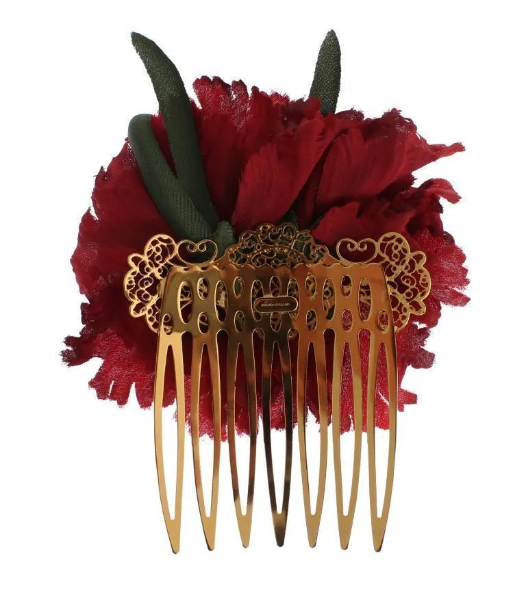 Red Silk Rose Garofani Gold Runway Hair Comb Stick