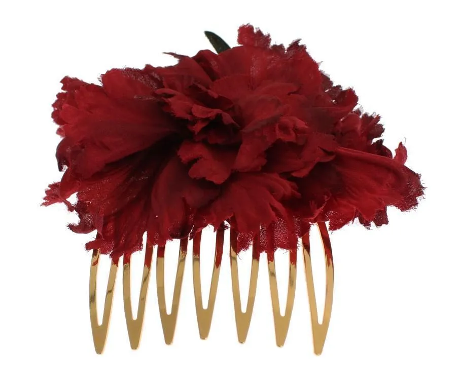 Red Silk Rose Garofani Gold Runway Hair Comb Stick