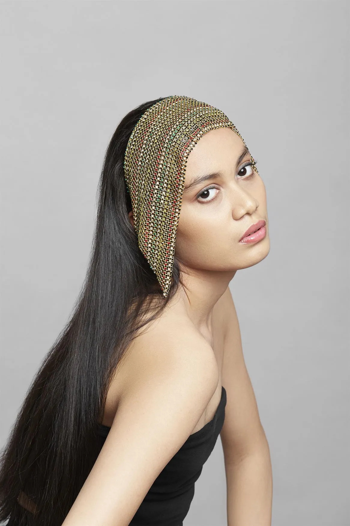 Roma Narsinghani Sama Swarovski hair band Head accessories The piece is set in brass, hand set swarvoski stones with 18KT gold finesse. Each piece is unique and handcrafted by our artisans. RNLOVE11