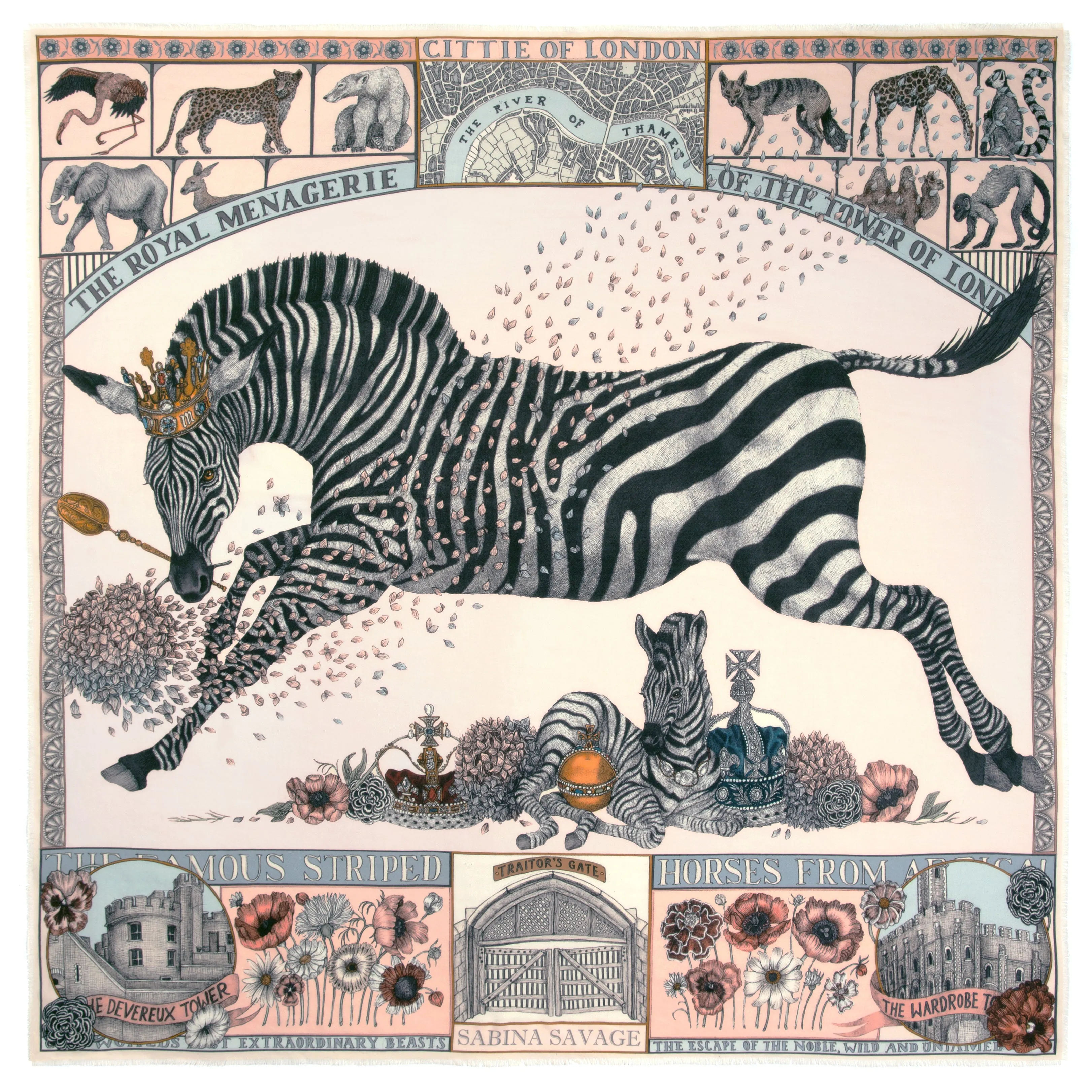 royal striped horses wool silk scarf - pastel