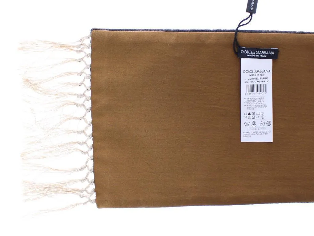 Scarf Men's Brown Baroque Pattern Silk Wool