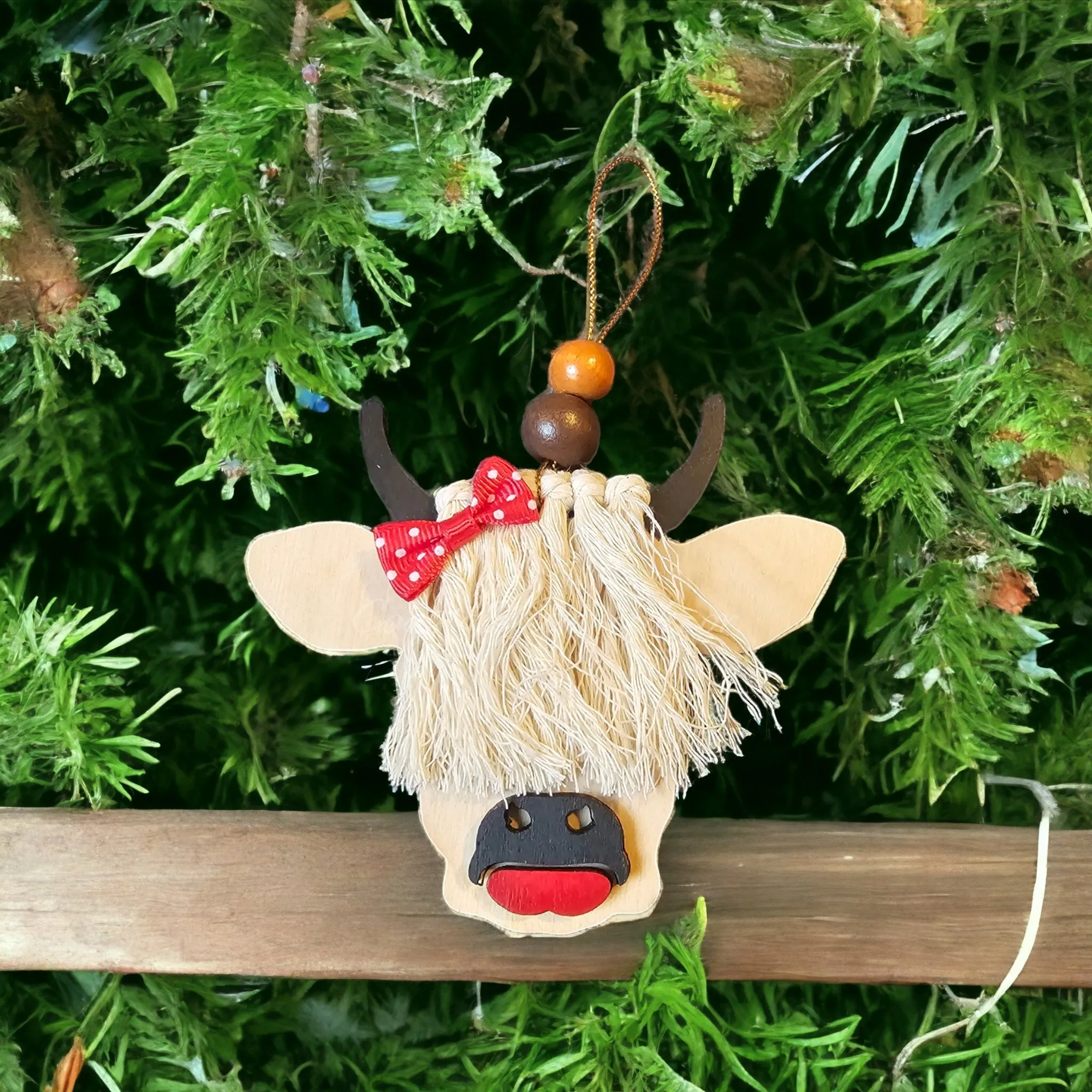 Scottish Girl Cow Barnyard Animal with Polka Dot Hair Bow and Lipstick Wooden Ornaments