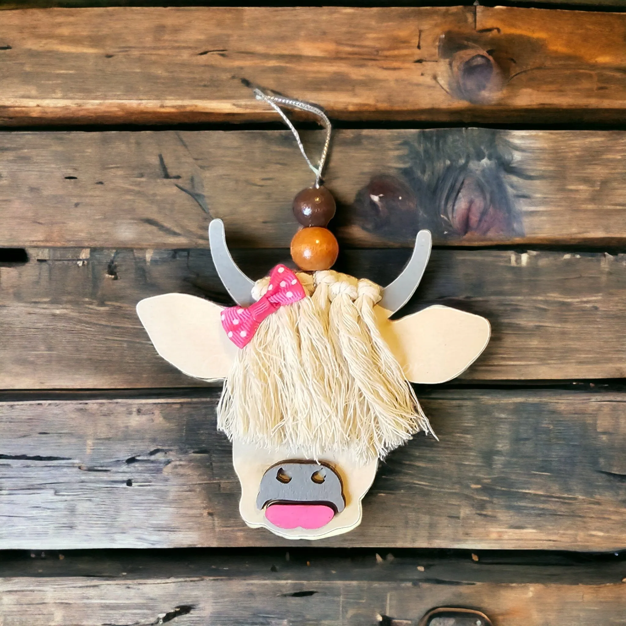Scottish Girl Cow Barnyard Animal with Polka Dot Hair Bow and Lipstick Wooden Ornaments